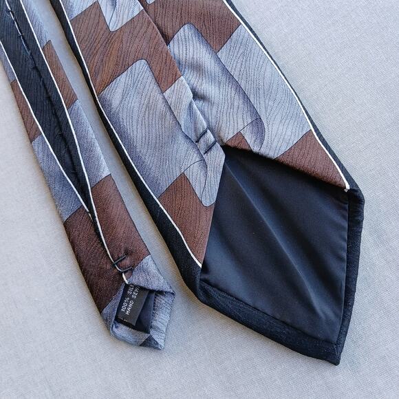 Vintage Y2K Silk Neck Tie geometric grey ribbon brown cream black wood texture - Picture 7 of 14